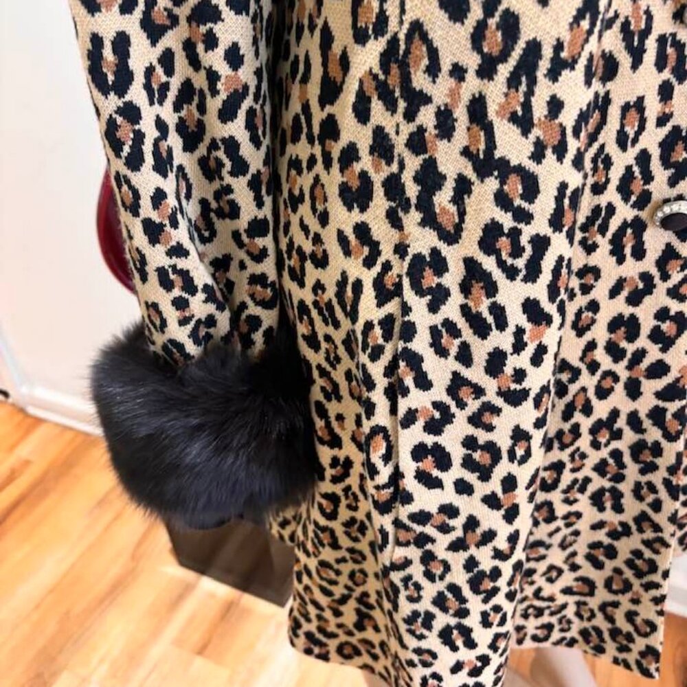 St John leopard animal print wool coat fox fur 12 Large embellished long jacket - Picture 4 of 7